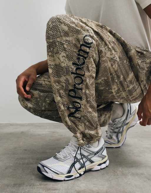 No Problemo nylon straight leg tree-like printed trousers in sand, 4 of 5