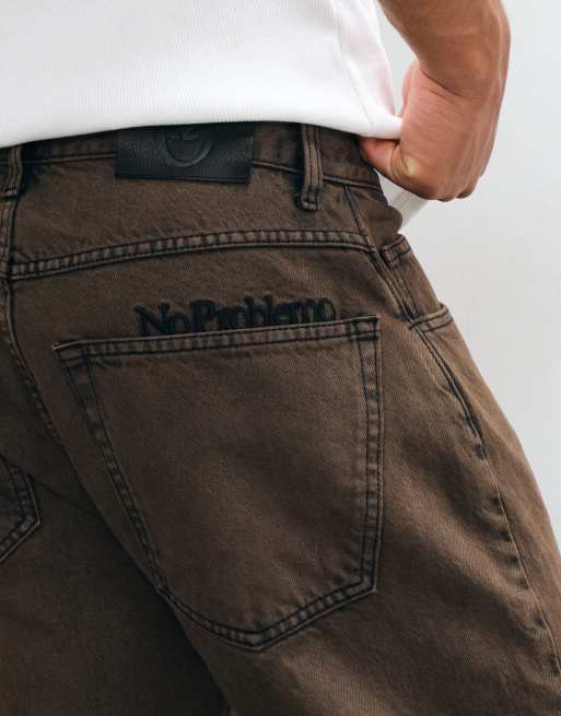 No Problemo pantalones rectos de sarga 100 % algodón con doble rodilla en marrón sobreteñido, 3 de 5
