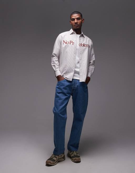 No Problemo red logo long sleeve cotton oxford shirt in grey stripe, 2 of 5