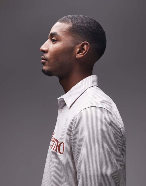 No Problemo red logo long sleeve cotton oxford shirt in grey stripe, 4 of 5