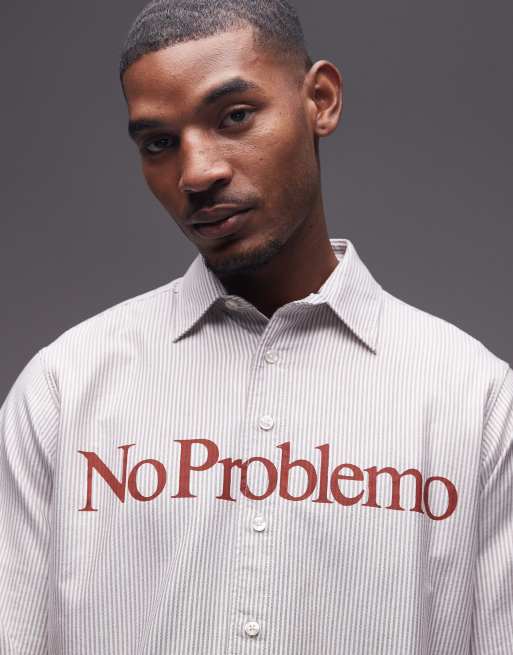 No Problemo red logo long sleeve cotton oxford shirt in grey stripe, 5 of 5