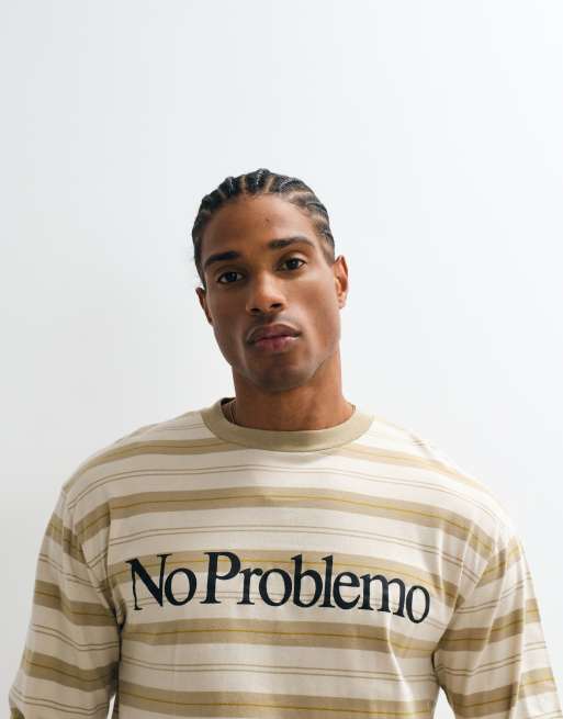 No Problemo - Sandfarvet stribet og langærmet T-shirt med stort logo foran, 3 af 5