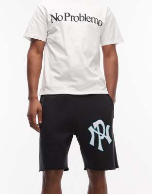 Sweat-Shorts in Schwarz mit hohem Baumwollanteil, NYP-Logo und unbehandeltem Saum Schwarz W32