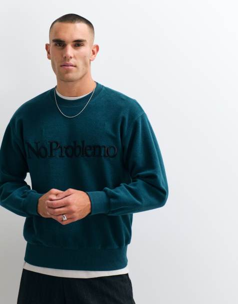 No Problemo sweatshirt i 100 % bomuld med reverse fleece og stort frontlogo i teal - view 1