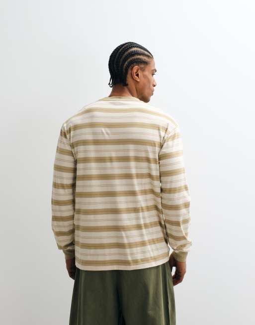 No Problemo - T-shirt a maniche lunghe color sabbia a righe con logo grande sul davanti, 4 di 5