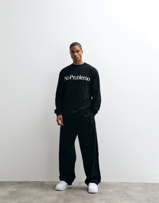 No Problemo - T-shirt a maniche lunghe in 100% cotone nera con logo grande sul davanti, 3 di 5