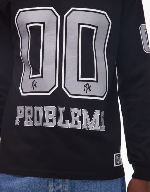 No Problemo - T-shirt a maniche lunghe  in cotone nera con motivo stile sportivo, 5 di 5