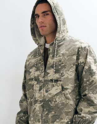 No Problemo Tree-like Printed Logo Ripstop Zip Through Jacket In Neutral