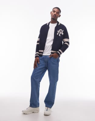 No Problemo Varsity Zip Up Logo Contrast Stripe Knit Sweater In Animal Print