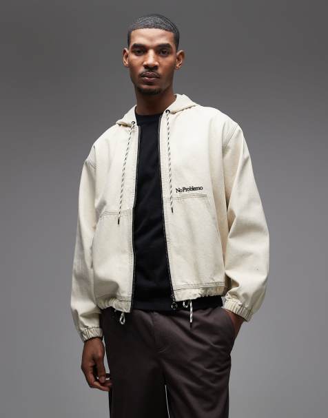 No Problemo workwear denim zip through jacket in light sand - view 1