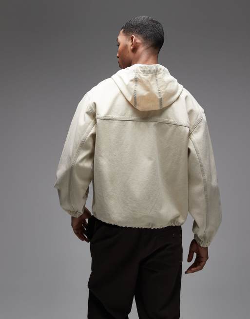 No Problemo workwear denim zip through jacket in light sand, 3 of 5