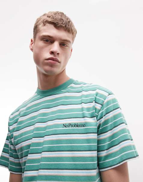 No Problemo x ASOS – Exclusive – T-Shirt aus 100% Baumwolle in gestreiftem Grün mit Logo - view 1