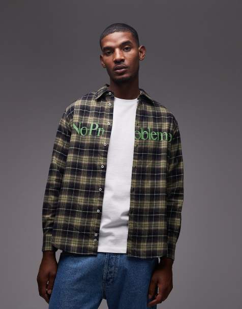 No Problemo long sleeve cotton shirt with logo in green plaid