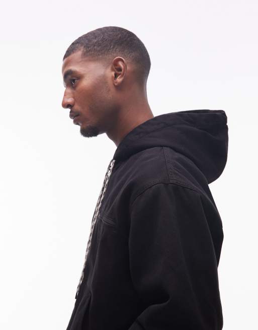 No Problemo zip-through hooded cotton workwear jacket in black, 4 of 5
