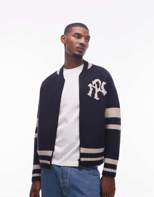 No Problemo zip through wool-mix knitted jumper with contrast stripe in navy, 3 of 5