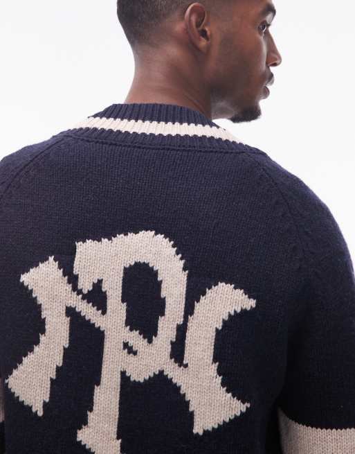 No Problemo zip up wool-mix knit sweater with contrast stripes in navy, 5 of 5