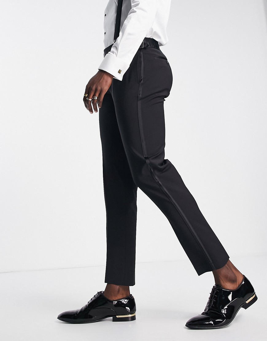 Noak 'Bermondsey' slim tuxedo suit pants in worsted wool blend with stretch in black