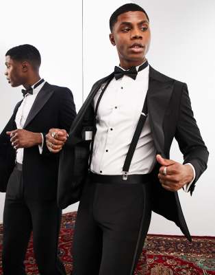 Noak Noak 'Bermondsey' super skinny tuxedo suit jacket in black worsted wool blend with stretch