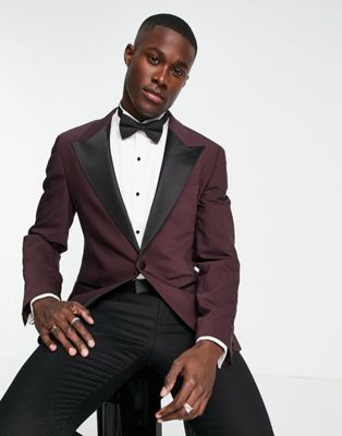 Noak 'Bermondsey' super skinny tuxedo suit jacket in burgundy worsted wool blend with four way stretch - ASOS Price Checker