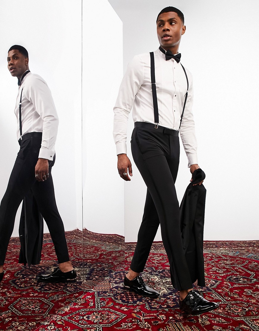 Noak ’Bermondsey’ super skinny tuxedo suit trousers in black worsted wool blend with stretch