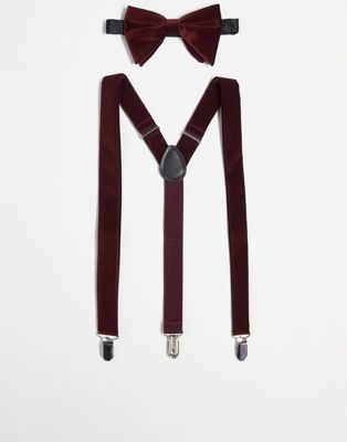 Noak bow tie and braces set in burgundy cotton velvet