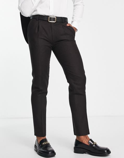 Noak British lambswool slim suit trousers in brown herringbone