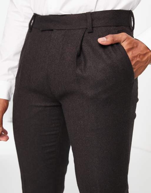 Noak British lambswool slim suit trousers in brown herringbone, 4 of 4