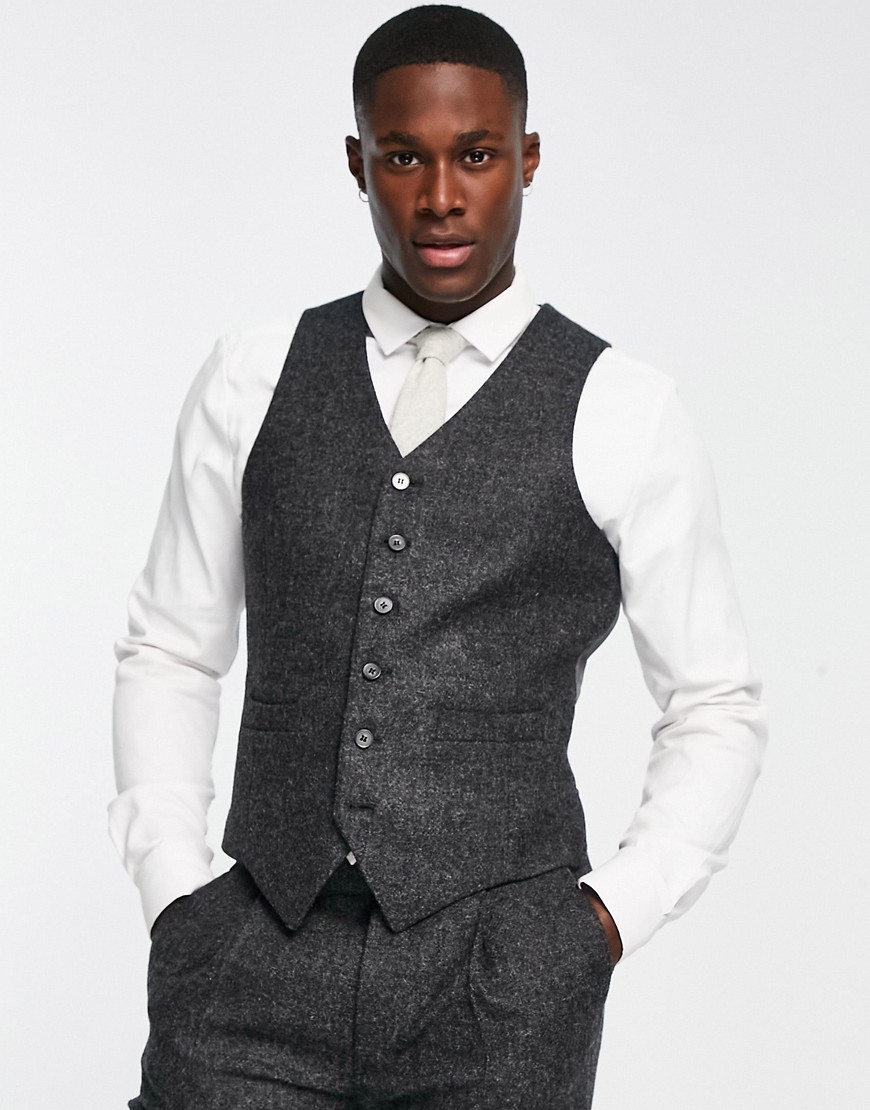 Noak British Tweed slim suit vest in charcoal gray