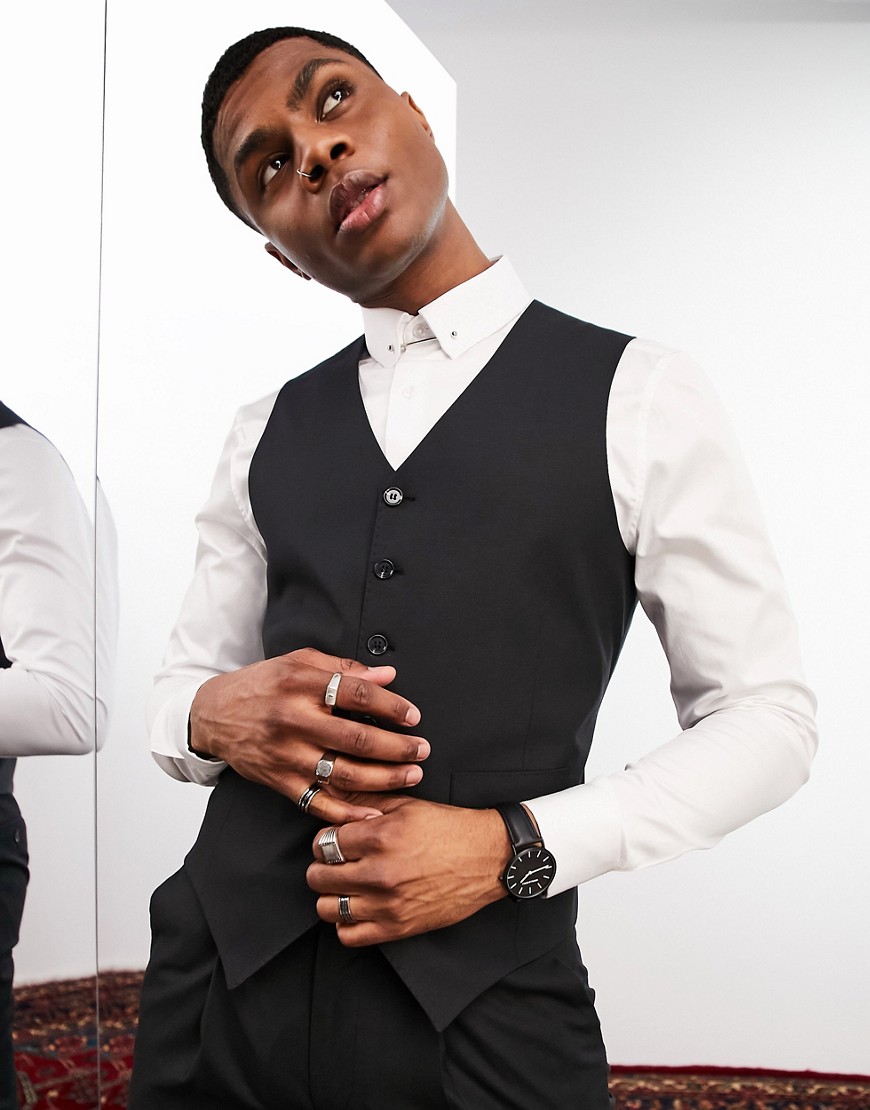 Noak 'camden' Super Skinny Premium Fabric Suit Vest In Black With Stretch