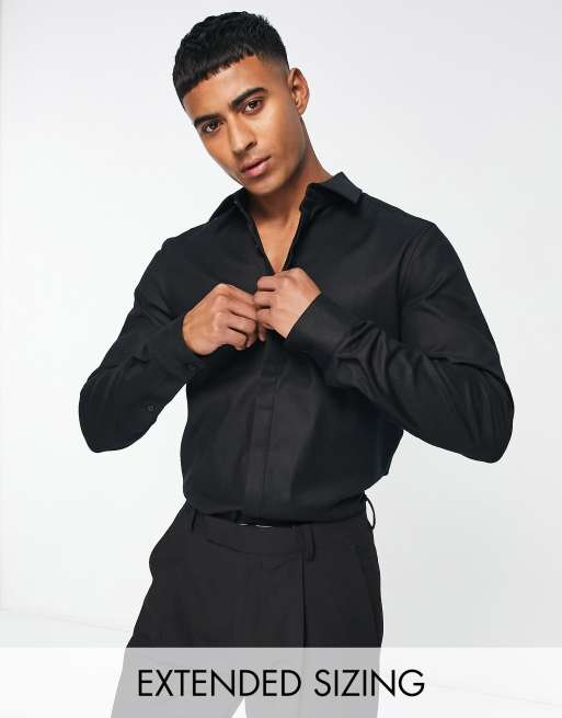 Noak - Chemise ajustée habillée en sergé de satinette facile à repasser - Noir