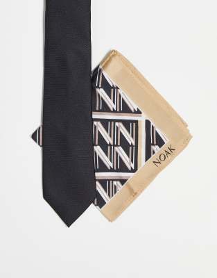 Noak - Cravate fine avec pochette à monogramme - Noir