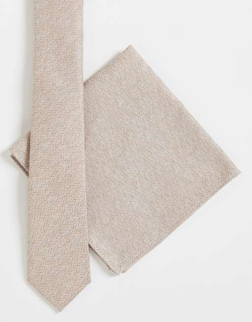 Noak - Cravate fine et pochette à motif hachuré - Doré pâle
