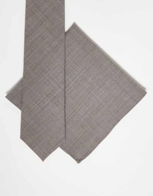 Noak - Cravate fine et pochette à motif pied-de-poule - Marron