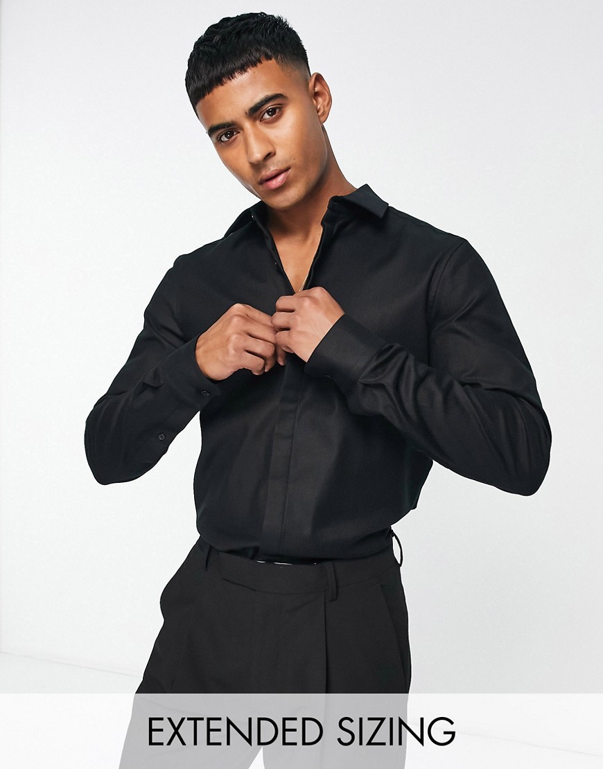 Noak easy iron formal slim fit shirt in sateen twill in black