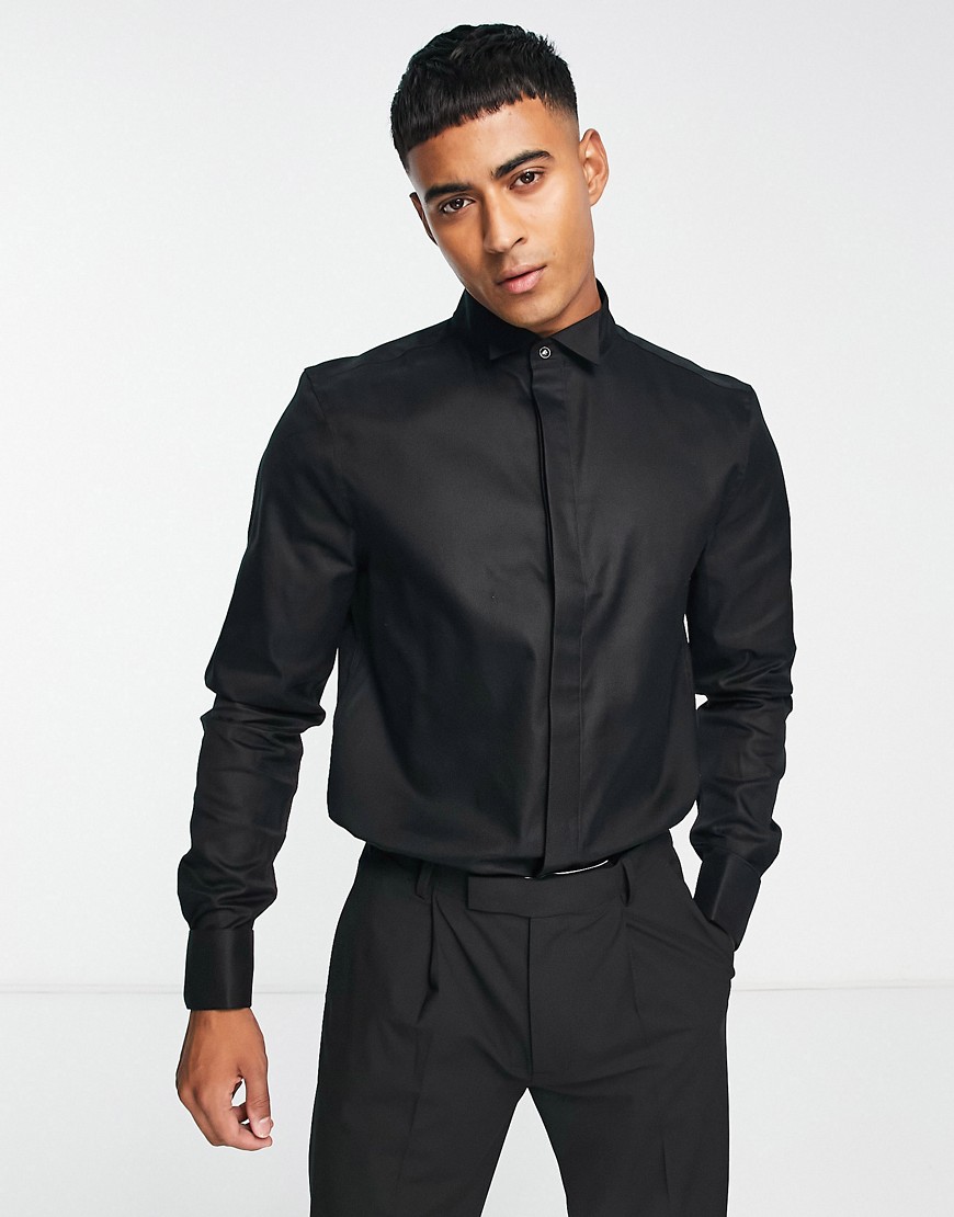 Noak easy iron regular formal shirt with wing collar in textured oxford fabric-Black