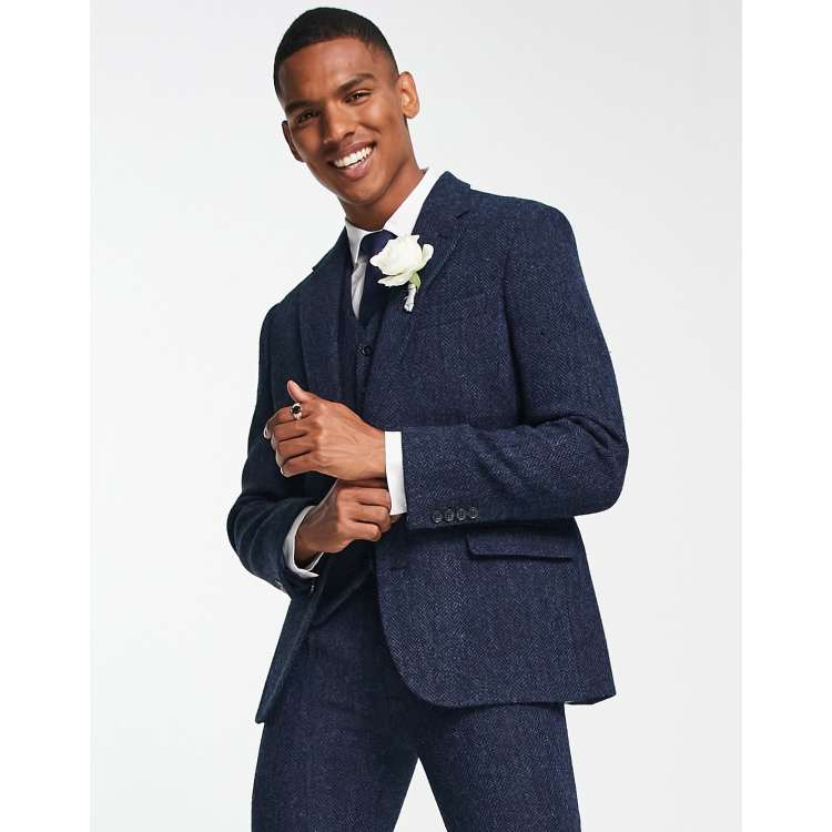 Noak harris tweed slim suit jacket in navy herringbone ASOS