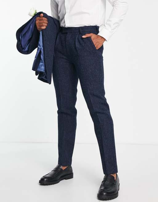 Noak Harris Tweed slim suit pants in navy herringbone