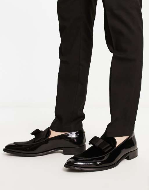 Noak made in Portgual loafers in black patent and velvet mix with bow detail