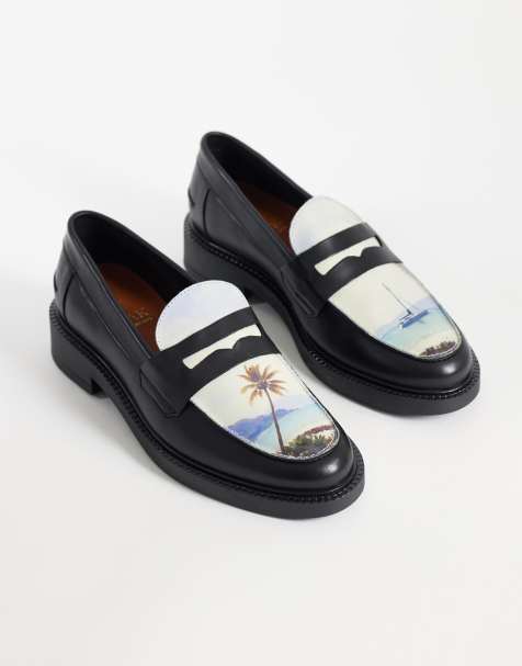 NOAK – Made In Portugal – Czarne skórzane loafersy penny z grafiką z krajobrazem - view 1