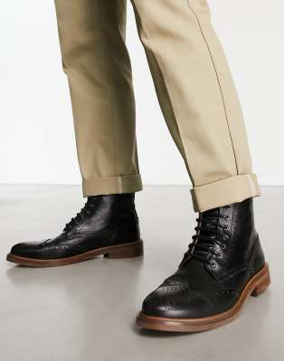 Noak Made In Portugal Lace Up Brogue Boots In Black Leather