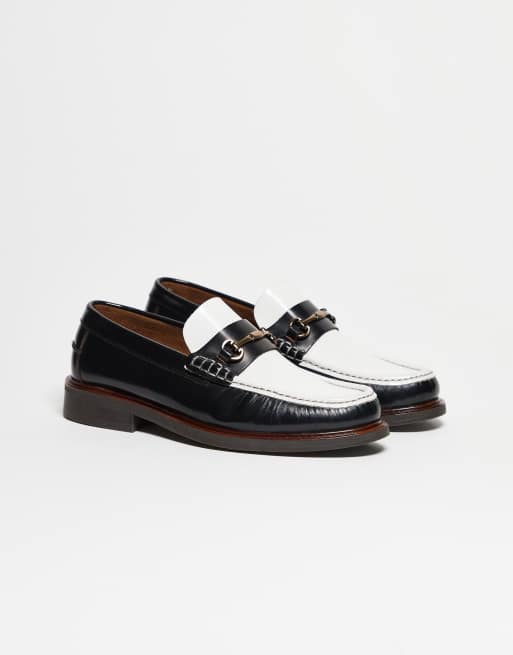 NOAK made in Portugal penny loafers in black and white leather with gold snaffle, 2 of 5