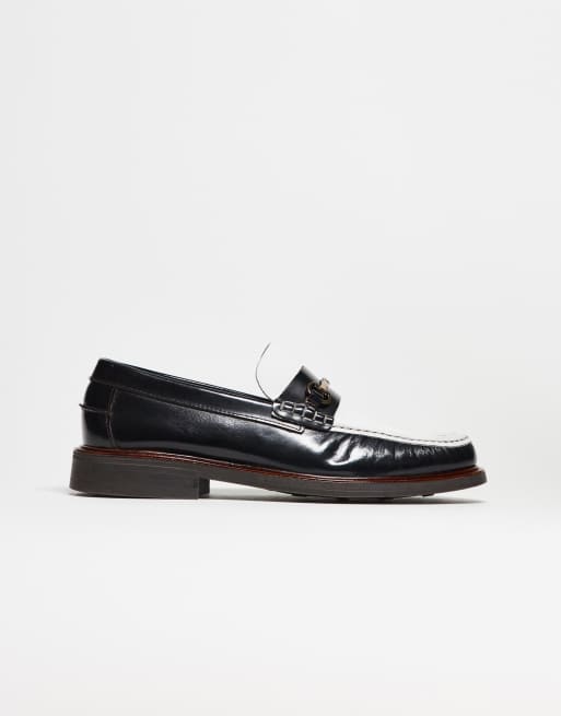 NOAK made in Portugal penny loafers in black and white leather with gold snaffle, 3 of 5