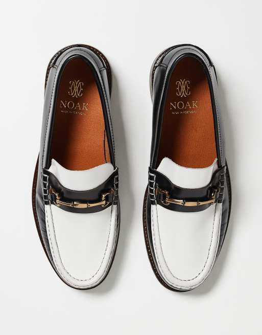 NOAK made in Portugal penny loafers in black and white leather with gold snaffle, 5 of 5