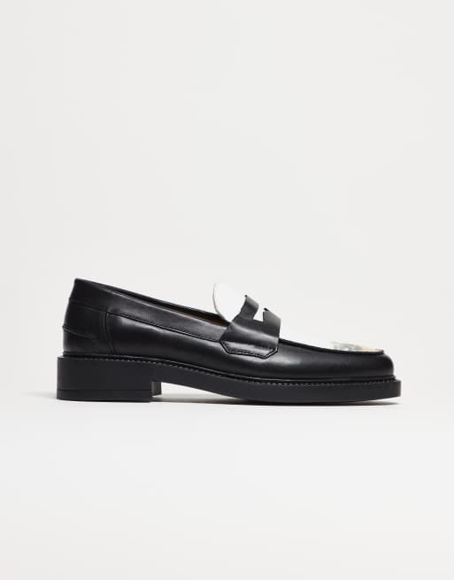Noak made in Portugal penny loafers in black and white leather with print