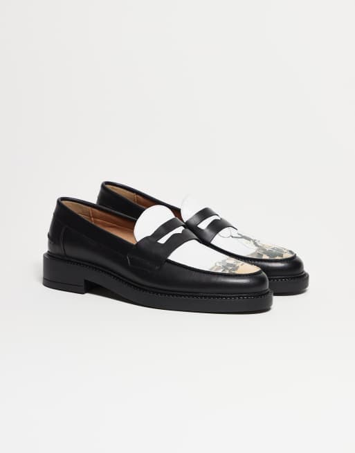 Noak made in Portugal penny loafers in black and white leather with print