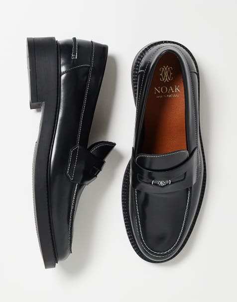 Noak made in Portugal penny loafers in black leather with contrast stitch and gold hardware - view 1