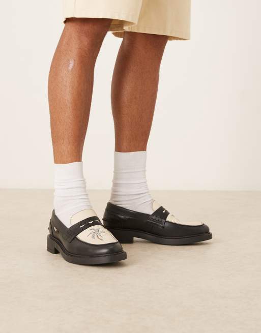 Noak Made in Portugal penny loafers in black leather with print, 2 of 4