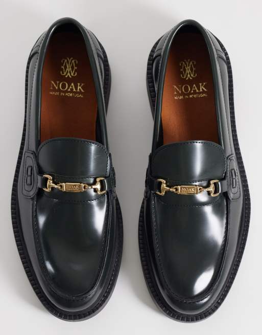 NOAK made In Portugal penny loafers with gold snaffle in bottle green leather, 2 of 4