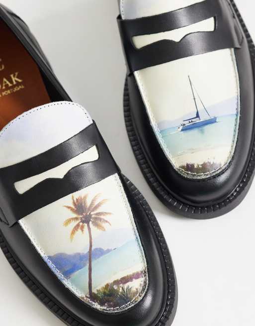 NOAK made In Portugal penny loafers with landscape graphic in black leather, 4 of 4