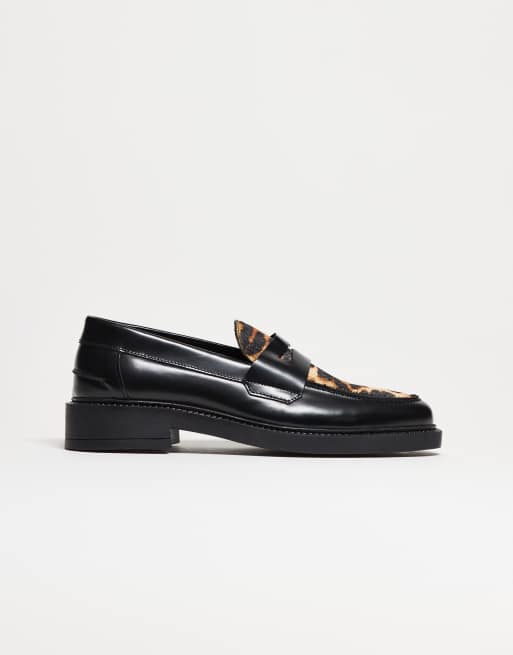 Noak - Made in Portugal - Sorte penny-loafers i læder med vamp med leopardprint, 2 af 5